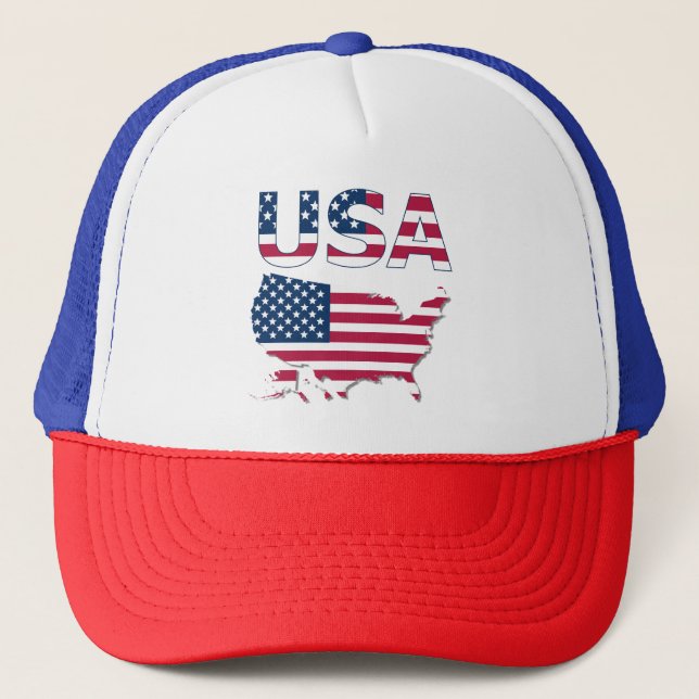 Patriotic USA Lettering, Map, Flag Political Stars Trucker Hat (Front)