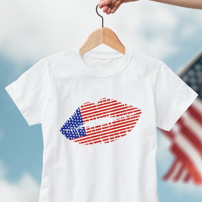 Patriotic USA Lipstick Kiss Lip Print T-Shirt (Red white and blue lipstick kiss just for you)