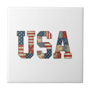 Patriotic USA Patchwork Vintage Americana Quilt 4t Tile