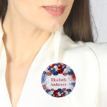 Patriotic USA red white blue flag name tag 3 Cm Round Badge<br><div class="desc">White background. Decorated with patriotic coloured  balloons in red blue and white. Blue and red sparkles. Personalise and add a name.</div>