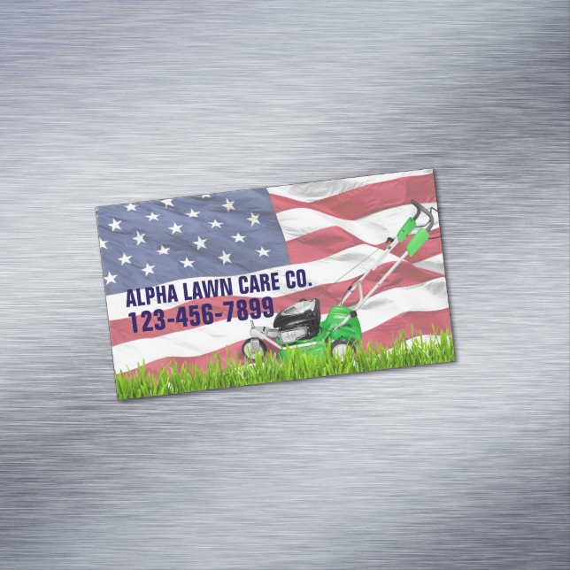 Patriotic Veteran Yard Landscaping Grass Mowing  Magnetic Business Card (In Situ)