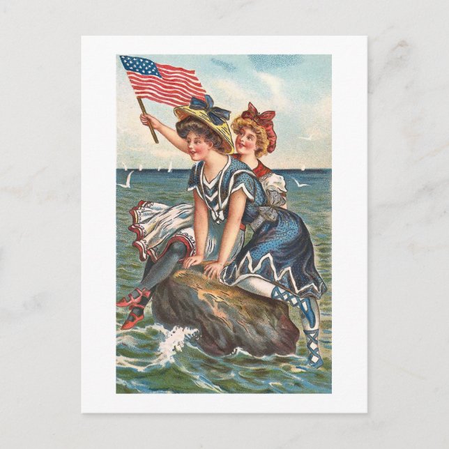 Patriotic Vintage Beach Scene Postcard (Front)
