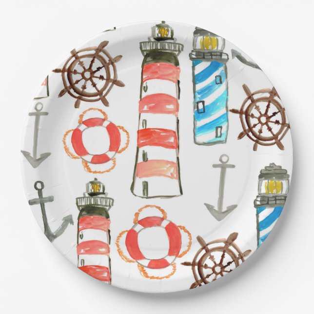 Patriotic watercolor lighthouse paper plate (Front)
