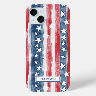 Patriotic Watercolor Stars and Stripes Monogrammed iPhone 15 Mini Case