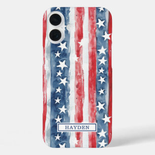 Patriotic Watercolor Stars and Stripes Monogrammed iPhone 16 Plus Case
