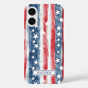 Patriotic Watercolor Stars and Stripes Monogrammed iPhone 16 Case