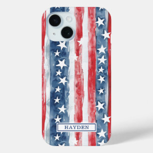 Patriotic Watercolor Stars and Stripes Monogrammed iPhone 15 Case