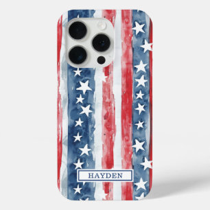 Patriotic Watercolor Stars and Stripes Monogrammed iPhone 15 Pro Case