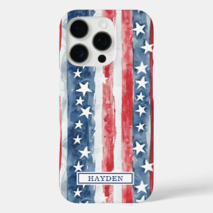 Patriotic Watercolor Stars and Stripes Monogrammed iPhone 16 Pro Case