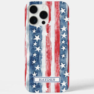 Patriotic Watercolor Stars and Stripes Monogrammed iPhone 16 Pro Max Case