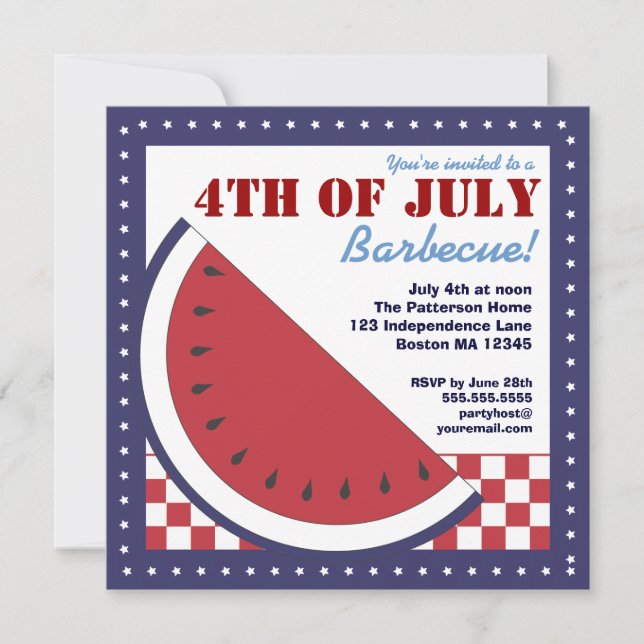 Patriotic Watermelon 4th of July Barbecue Invitation (Front)