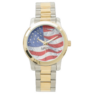 Patriotic Waving American Flag Monogrammed Gift Watch