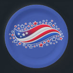 Patriotic Wavy American Flag with Stars | Red Whit Paper Plate<br><div class="desc">Celebrate American pride with this bold and eye-catching patriotic design featuring a dynamic wavy red, white, and blue flag accented by scattered stars for a powerful sense of motion and energy. Perfect for Independence Day, Memorial Day, Veterans Day, or everyday USA pride. This design is optimized for apparel printing with...</div>