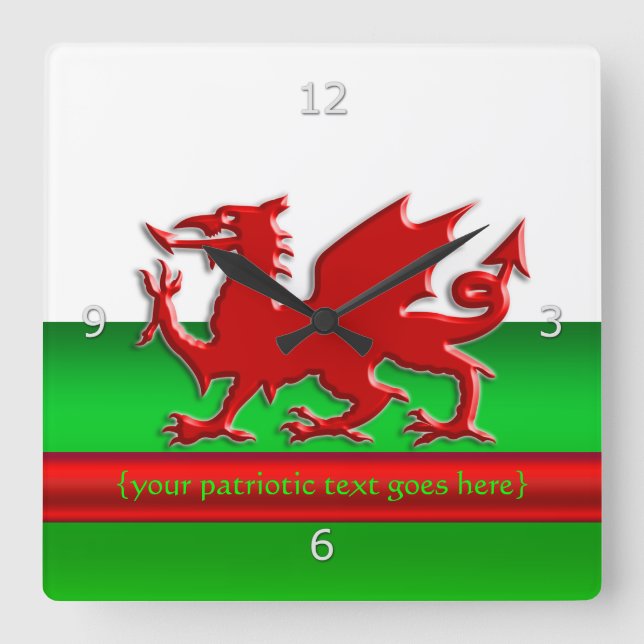 Patriotic Welsh Flag, embossed dragon chrome-look Square Wall Clock (Front)