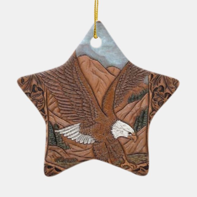 Patriotic Western country tooled leather Eagle Ceramic Tree Decoration (Front)