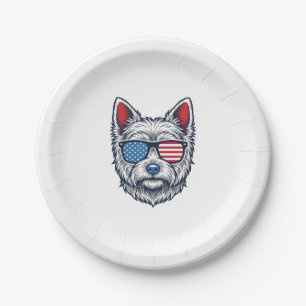 Patriotic Westie Dog Sunglasses Vintage Vector Art Paper Plate