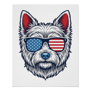Patriotic Westie Dog Sunglasses Vintage Vector Art Poster