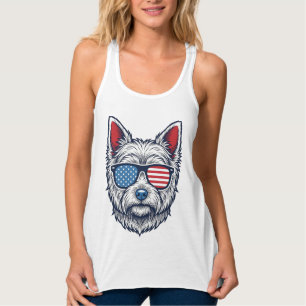 Patriotic Westie Dog Sunglasses Vintage Vector Art Singlet