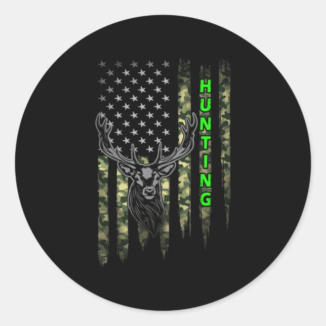 Patriotic Whitetail Buck Deer Hunting American Cam Classic Round Sticker (Front)