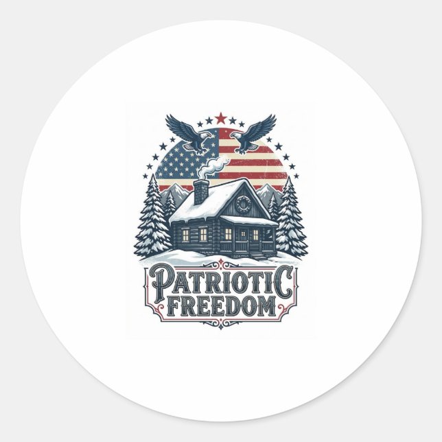 Patriotic Winter Cabin Vector Graphic Tee Classic Round Sticker (Front)