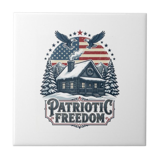 Patriotic Winter Cabin Vector Graphic Tee Tile (Front)