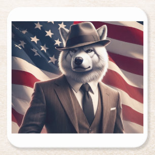 Patriotic Wolf Square Paper Coaster