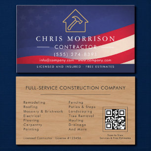 Patriotic Wood Building Construction QR Code Business Card