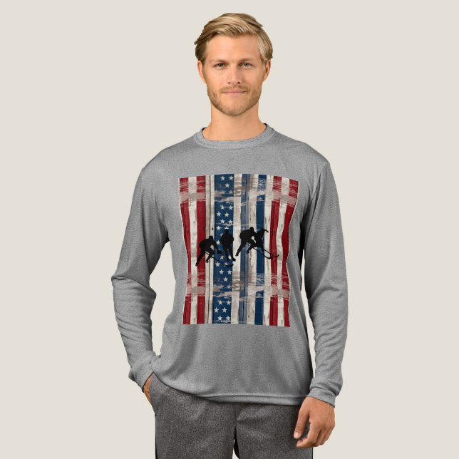 Patriotic Wood Flag Hockey Players  Tri-Blend Shirt (Full Front)