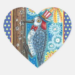 PATRIOTIC WOODPECKER FIREWORKS, 4TH OF JULY BIRD HEART STICKER