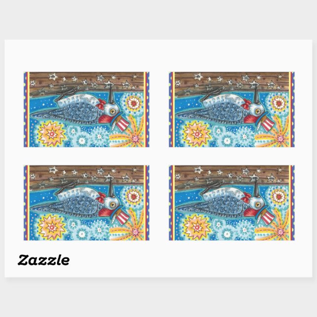 PATRIOTIC WOODPECKER FIREWORKS, 4TH OF JULY BIRD RECTANGULAR STICKER (Sheet)