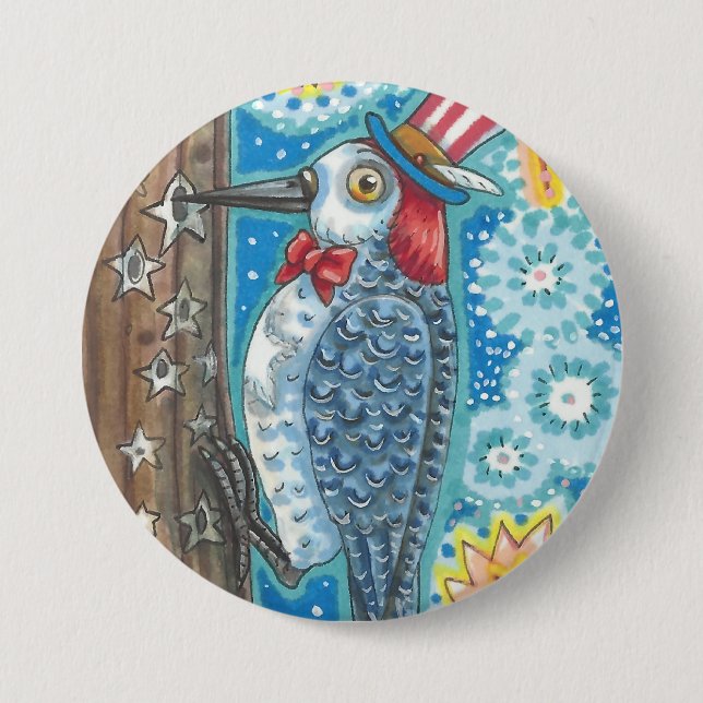 PATRIOTIC WOODPECKER & FIREWORKS BUTTON Round (Front)