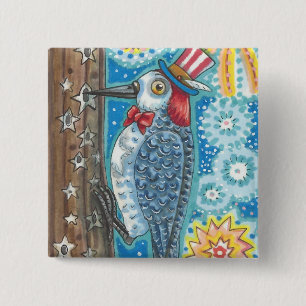 PATRIOTIC WOODPECKER & FIREWORKS BUTTON Square