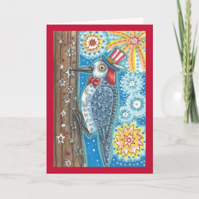 PATRIOTIC WOODPECKER FIREWORKS GREETING CARD Verse (Front)