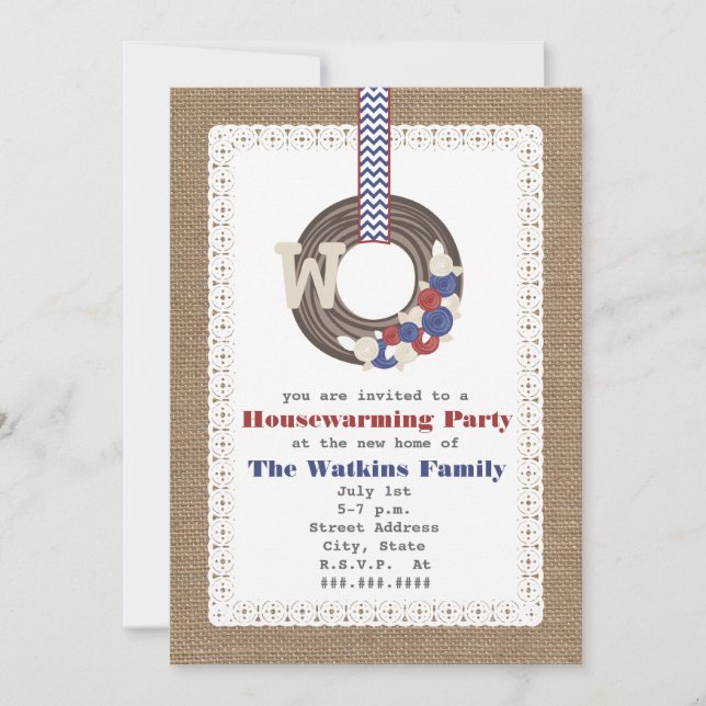 Patriotic Wreath Burlap Inspired Housewarming Invitation (Front)