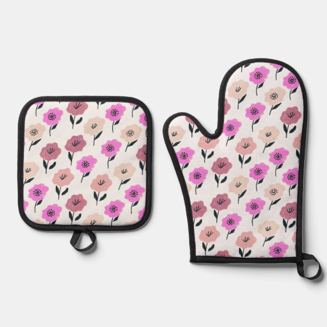 Patrón floral vibrante oven mitt & pot holder set (Front)