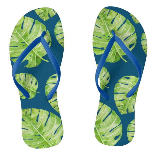 Pattern Cute Chic Banana Leaf Green Blue Jandals (Footbed)