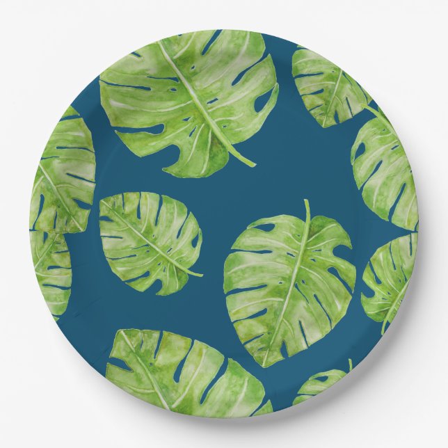 Pattern Cute Chic Banana Leaf Green Blue Paper Plate (Front)
