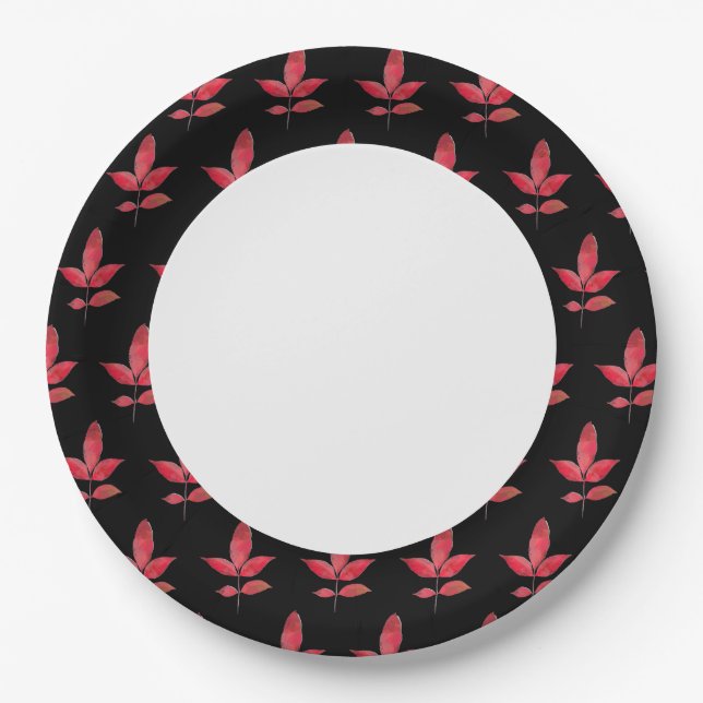 Pattern Cute Chic Leaf Colourful Black Red Paper Plate (Front)