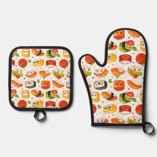 Pattern cute kawaii food sushi characters, white b oven mitt & pot holder set