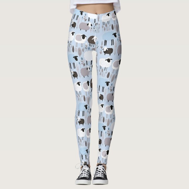 Pattern Cute Sheep Pastel Blue Colour Minimal Leggings (Front)