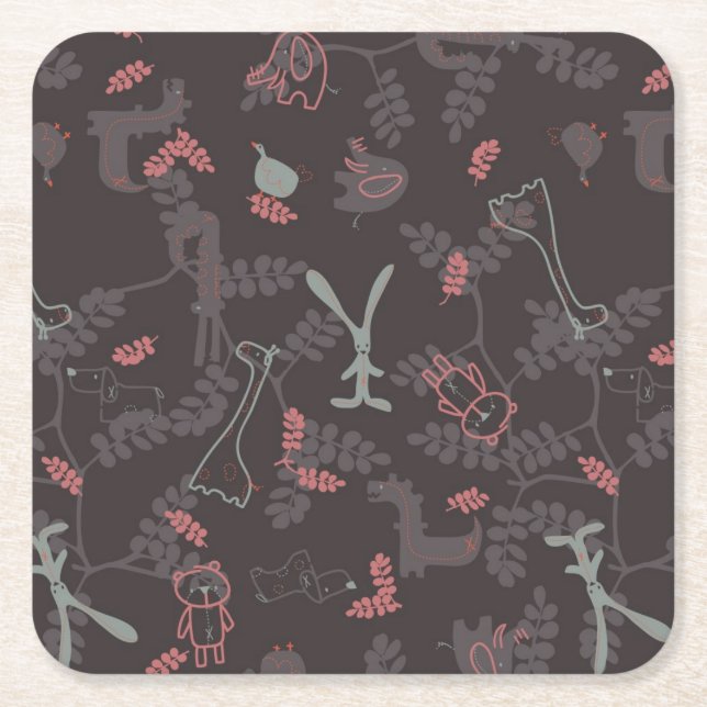 pattern displaying baby animals 1 square paper coaster (Front)