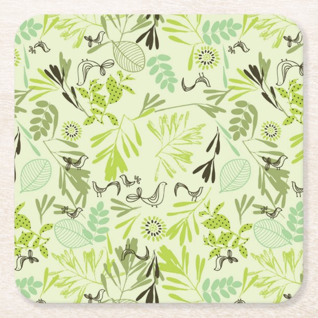 pattern displaying little baby birds square paper coaster (Front)