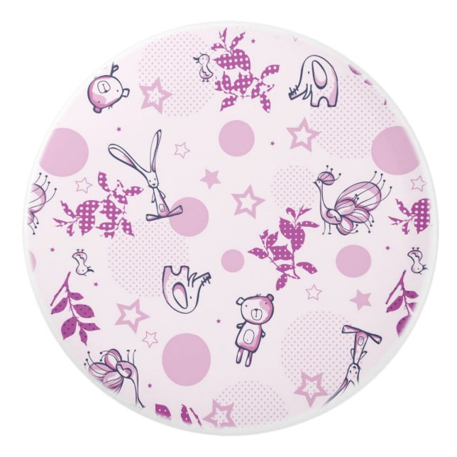 pattern displaying vintage baby animals ceramic knob (Front)
