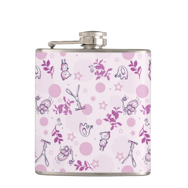 pattern displaying vintage baby animals hip flask (Front)