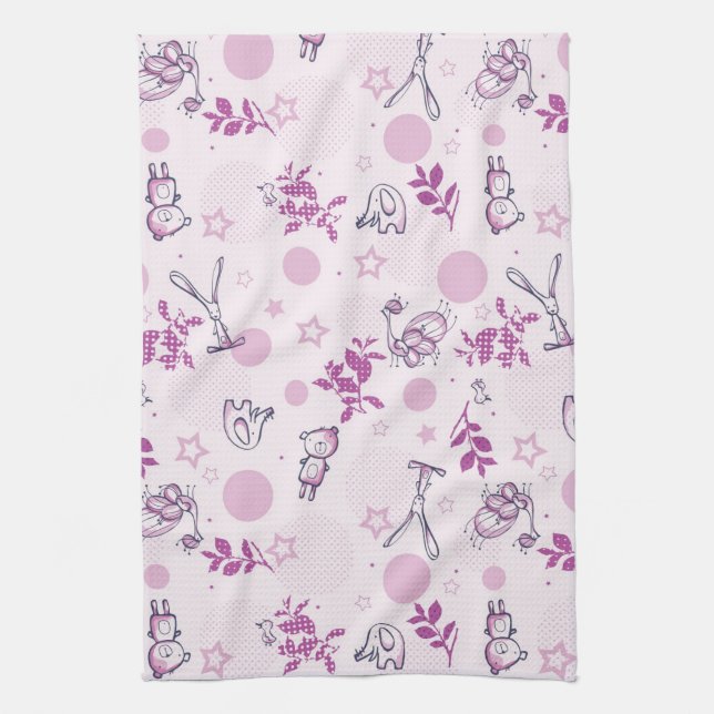 pattern displaying vintage baby animals tea towel (Vertical)