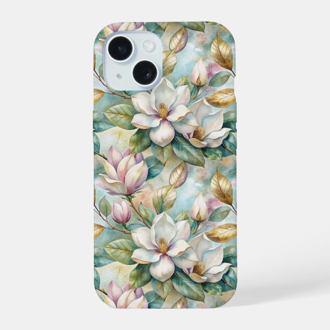 Pattern Elegant Magnolia Flowers iPhone 15 Case (Back)