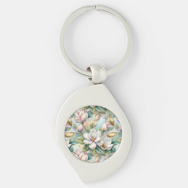 Pattern Elegant Magnolia Flowers Key Ring (Front)