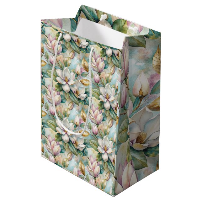 Pattern Elegant Magnolia Flowers Medium Gift Bag (Front Angled)