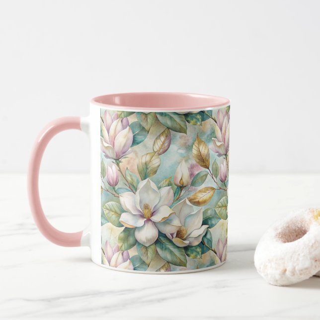 Pattern Elegant Magnolia Flowers Mug (With Donut)