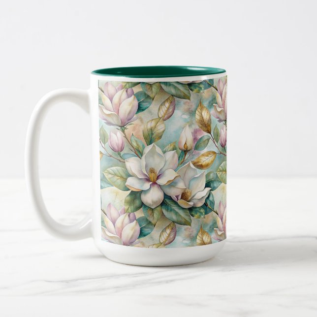 Pattern Elegant Magnolia Flowers Two-Tone Coffee Mug (Left)